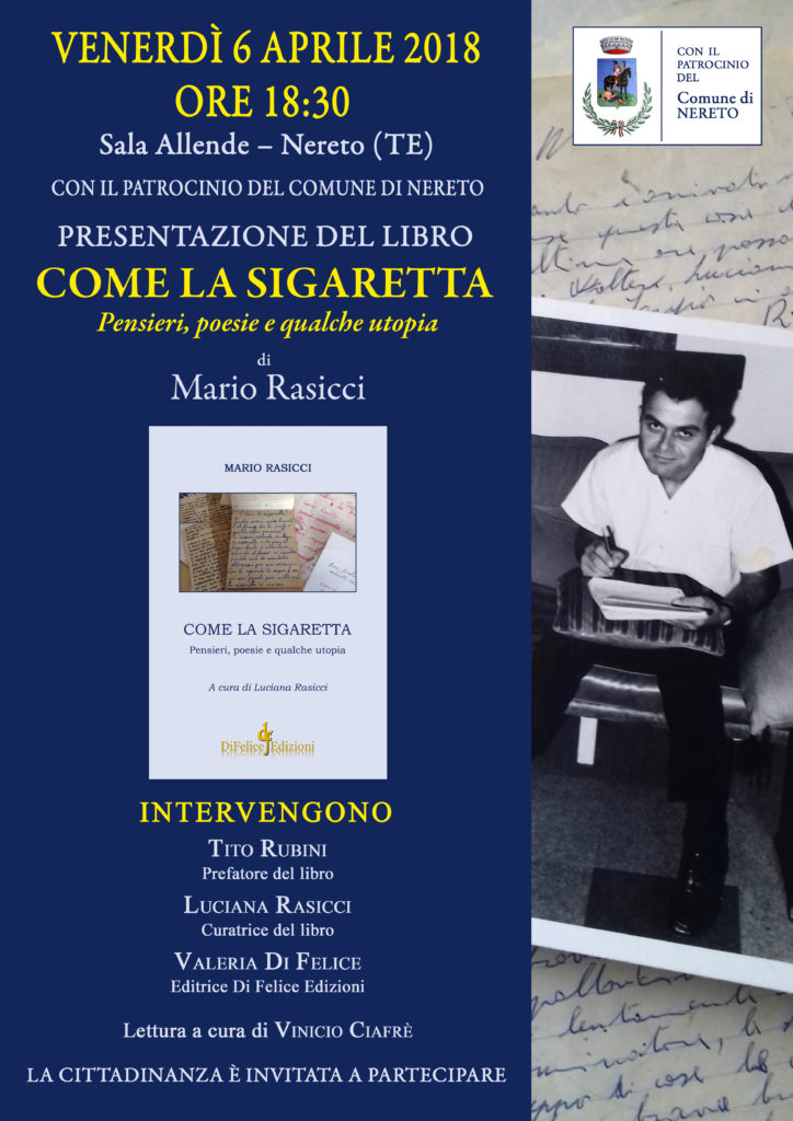 A Nereto la presentazione del libro “Come la sigaretta” di Mario Rasicci