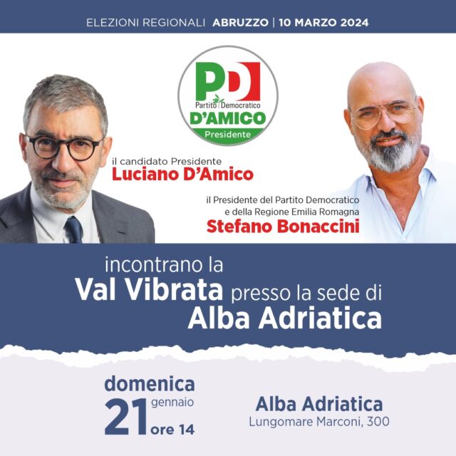 Regionali, Bonaccini e D’Amico ad Alba Adriatica per un incontro con i cittadini